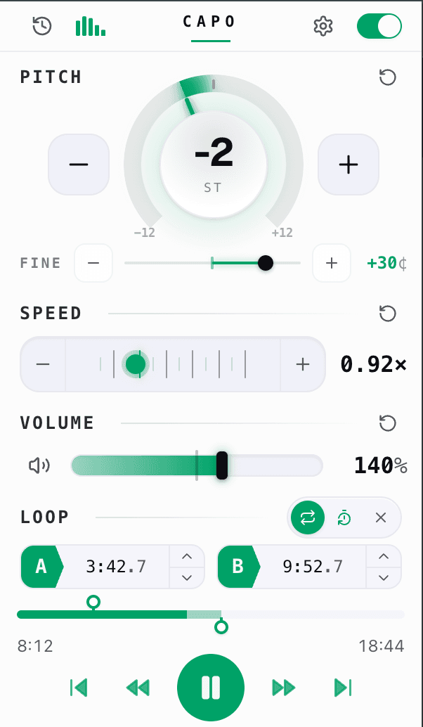The Capo popup, showing pitch set to −2 semitones, speed at 0.92×, volume at 140% and an A–B loop