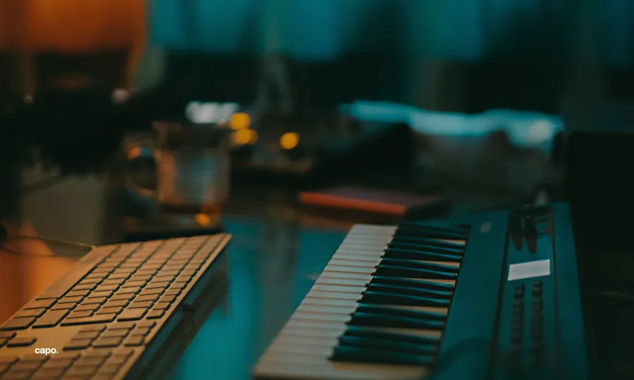 keys out of focus behind coloured light