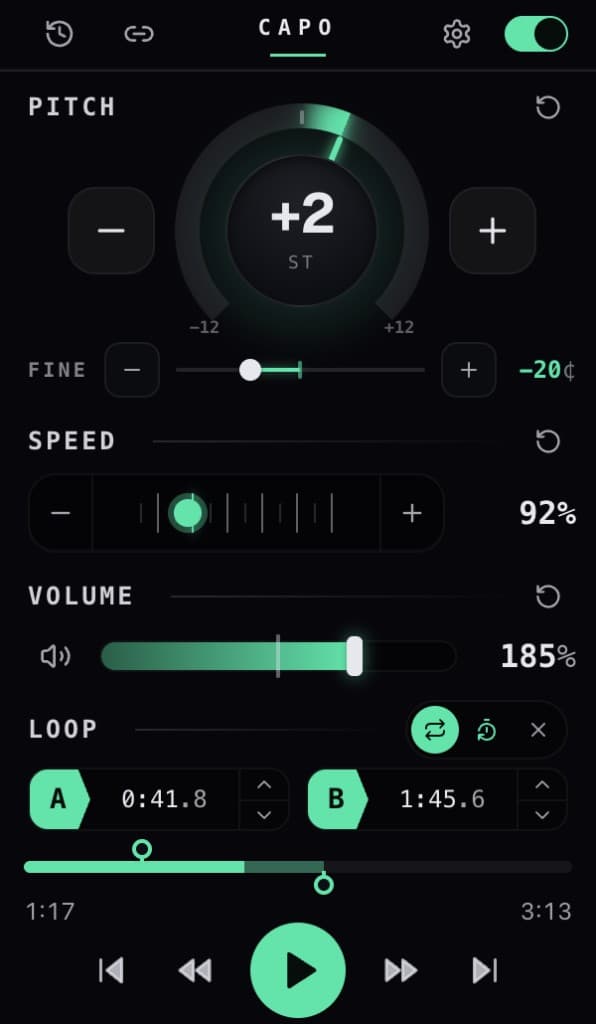 La ventana de Capo, con el tono en +2 semitonos, la velocidad a 0,92×, el volumen al 185 % y un bucle A–B