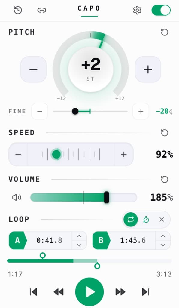 Capo 팝업. 음정 +2 반음, 속도 0.92×, 볼륨 185%, A–B 반복 구간 표시.