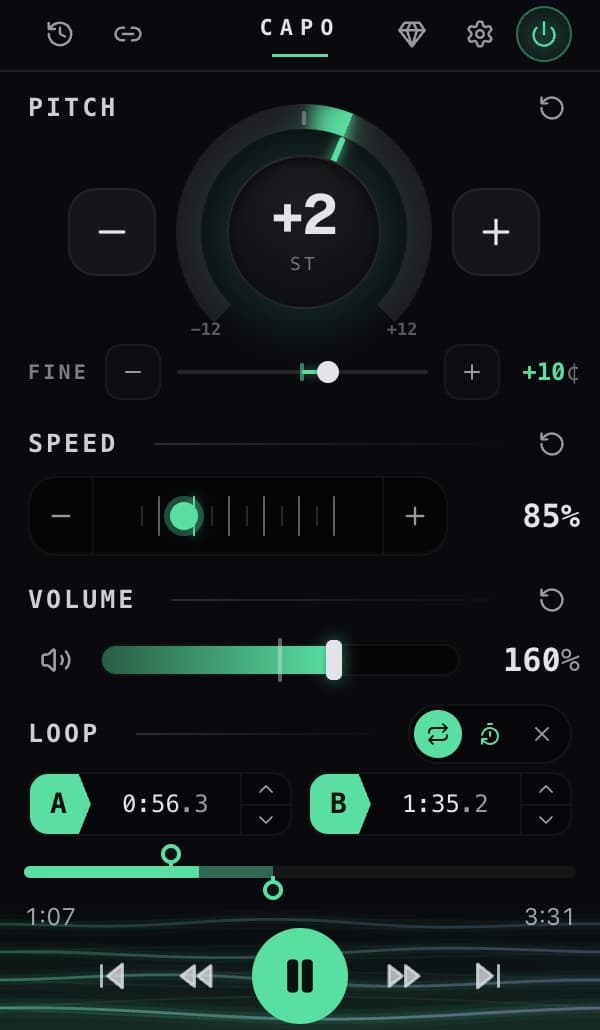 A janela do Capo, com o tom em +2 semitons, a velocidade em 0,85×, o volume em 160% e um loop A–B