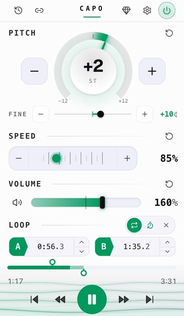 A janela do Capo, com o tom em +2 semitons, a velocidade em 0,85×, o volume em 160% e um loop A–B