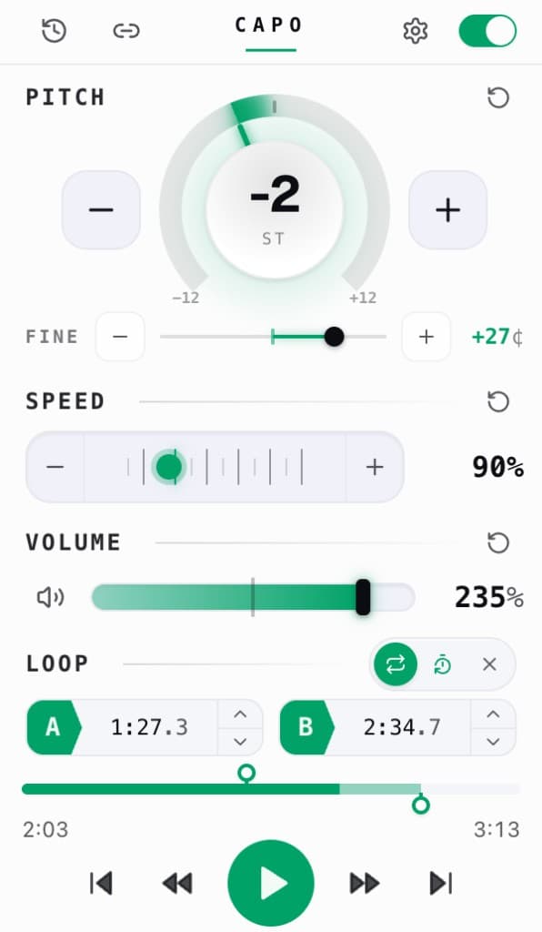 Capo 팝업. 음정 −2 반음, 속도 0.90×, 볼륨 235%, A–B 반복 구간 표시.