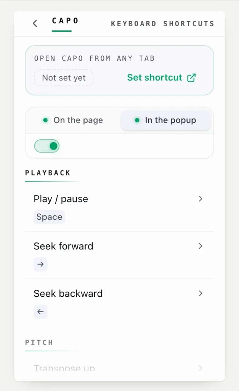 The whole keyboard shortcuts screen in the popup, from the browser-level key down to the pitch actions