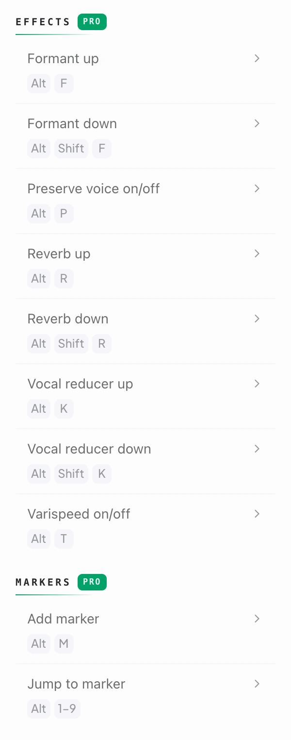 The workspace keyboard shortcut list: formant, preserve voice, reverb, vocal reducer, varispeed and markers, each on a modifier key