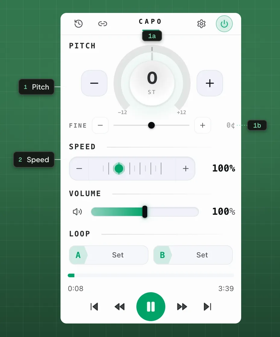 The Pitch and Speed rows of the Capo popup, each showing its current value