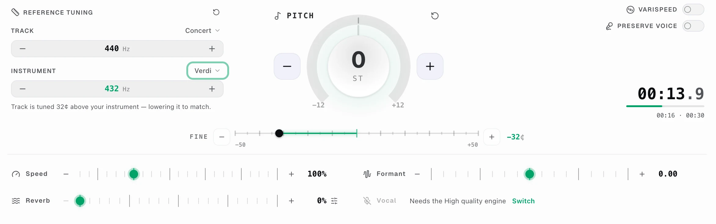 The Capo workspace control section: Reference tuning with Track at Concert 440 Hz and Instrument at Verdi 432 Hz, the pitch dial at 0, the Fine readout at minus 32 cents, and the Speed, Formant and Reverb rows below