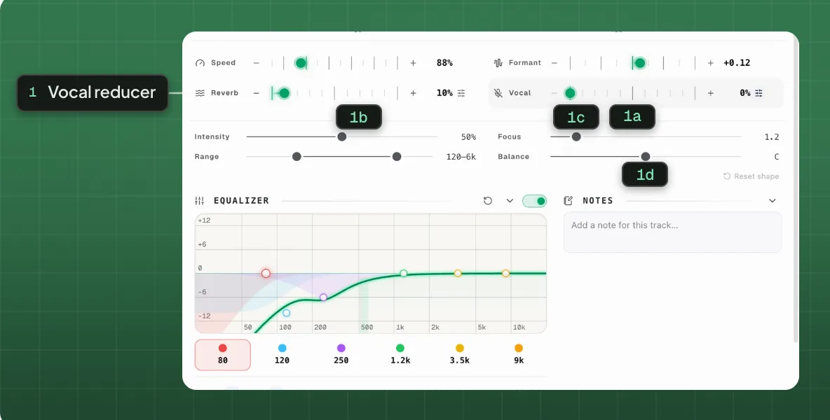 The vocal reducer expanded: Amount on the strip, with Intensity, Focus, Range and Balance below