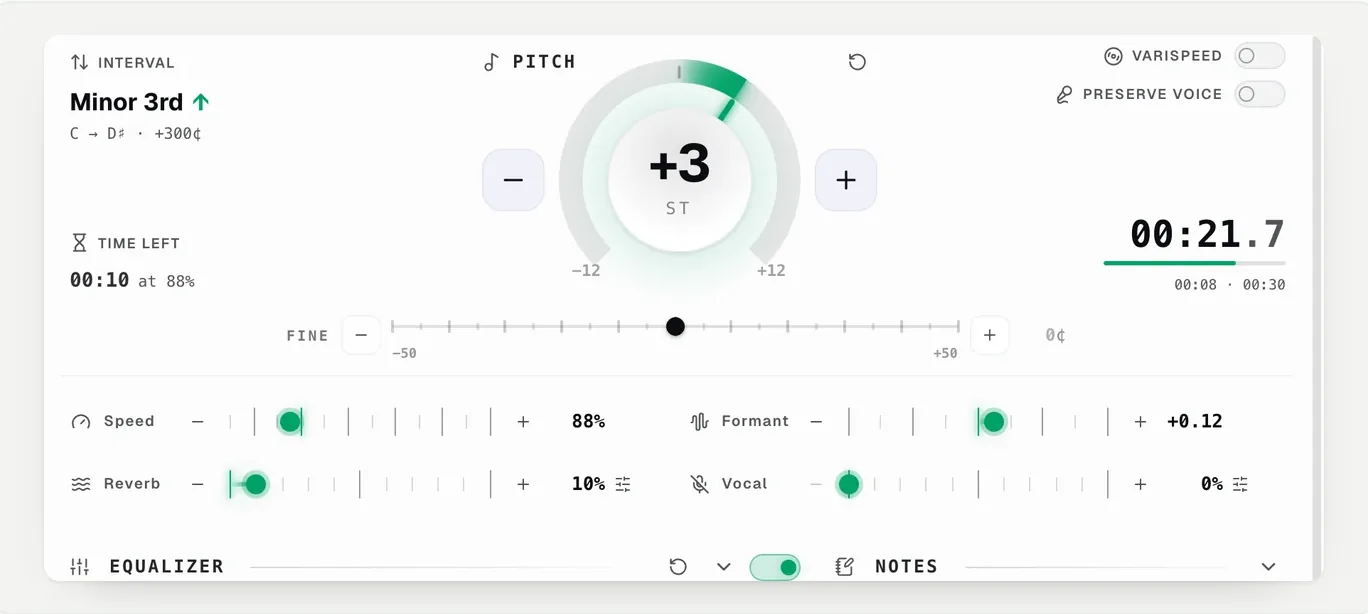 The Speed, Formant, Reverb and Vocal strips in use on a playing track