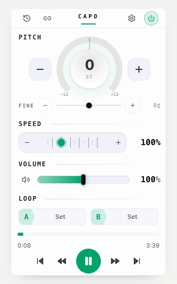 The Speed row of the Capo popup at 100%, ready to be pulled down in 1% steps