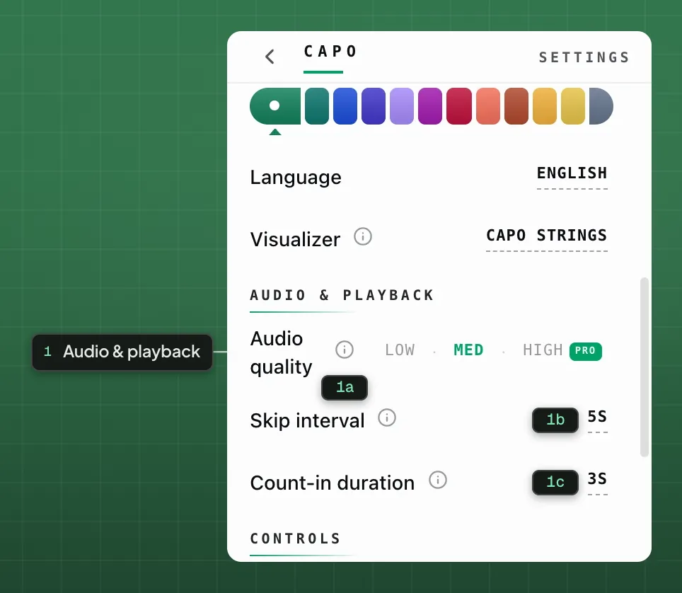 Audio & playback in Settings: Audio quality, Skip interval and Count-in duration