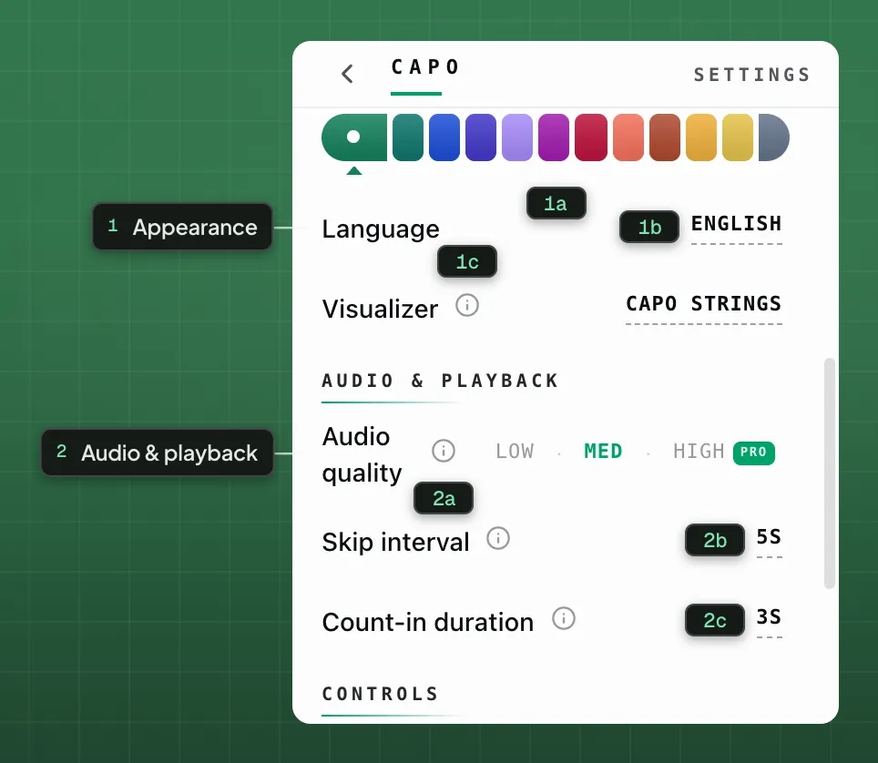 Audio & playback in Settings: Audio quality, Skip interval and Count-in duration