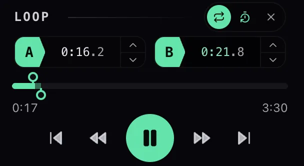 The loop card with A and B time fields, and the A–B band on the seek bar