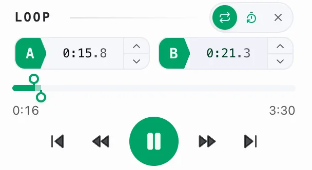 The loop card with A and B time fields, and the A–B band on the seek bar