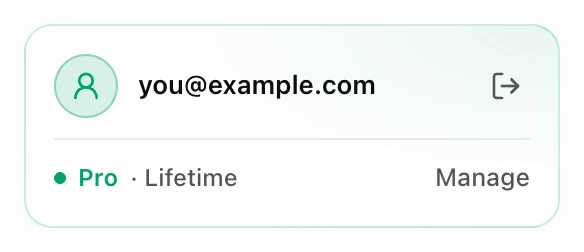 The Capo account card in Settings, signed in: the email with the sign-out icon beside it, and Pro / Lifetime with Manage below
