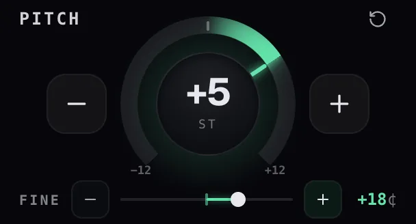 The Capo popup’s pitch card: a dial in semitones, the Fine slider in cents
