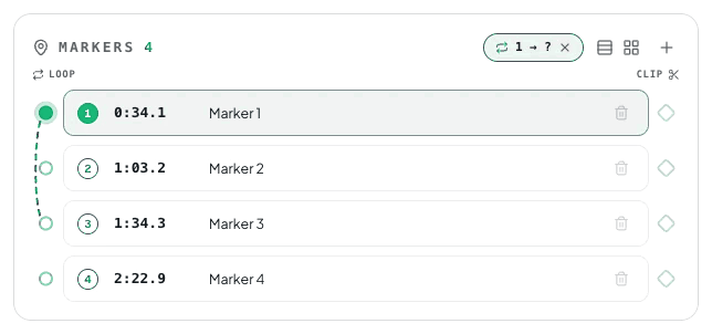 Capo markers list mid-connect: marker 1 armed with a dashed wire running down to marker 3, and a 1 to ? chip in the header